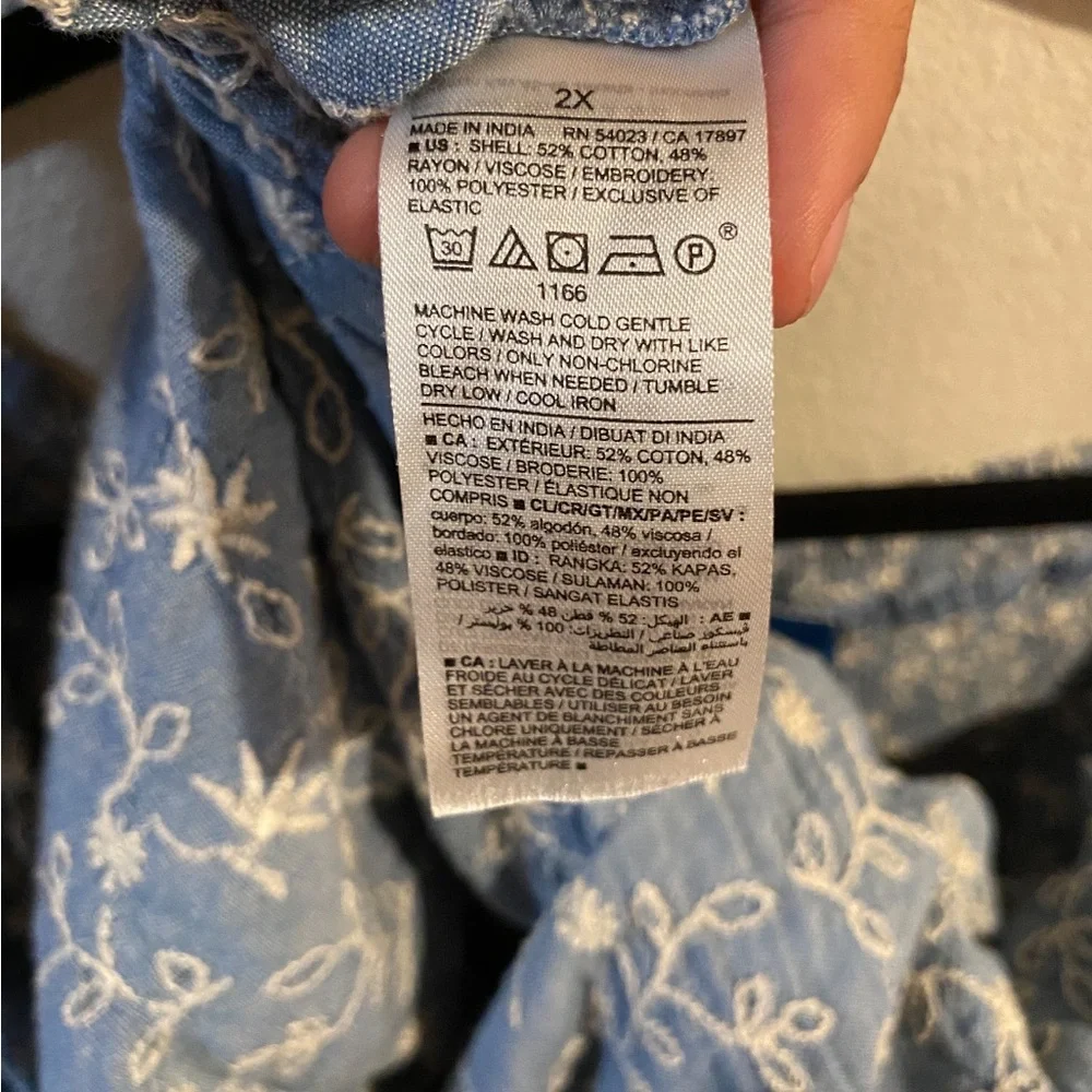 Old Navy Women's Chambray Floral Embroidered Puff Sleeve Babydoll‎ Top Size 2xl